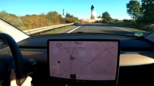 Model 3 rushing with 230 km/h on Autobahn to reach Falcons landing and Starship SN8 launching