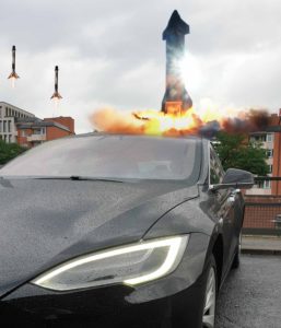 Tesla Model S with Falcons landing and Starship SN8 launching in the background